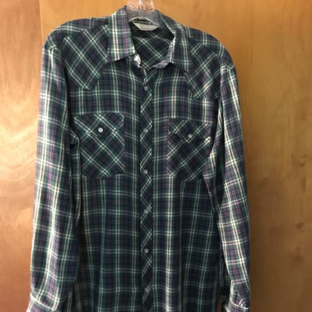 Vintage Montgomery Ward Men's Plaid Button Down Shirt Green/Purple Sz. M